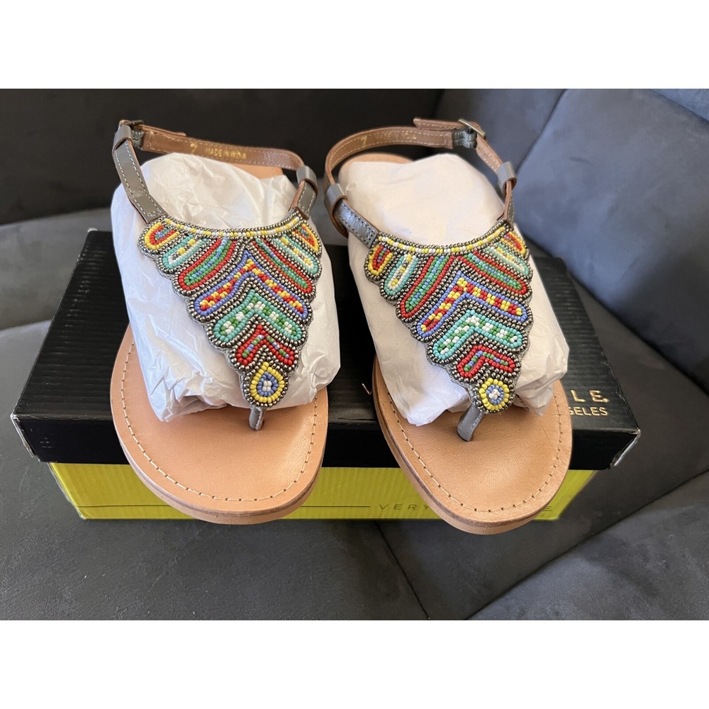 Very Volatile Haniya Grey‎ Multi Beaded Thong Wedge Sandals Womens 7 NEW